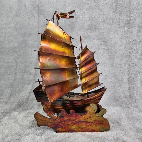 Vintage Copper Art Musical Kinetic Sailing Ship Plays Beyond the Reef Music - Picture 1 of 16